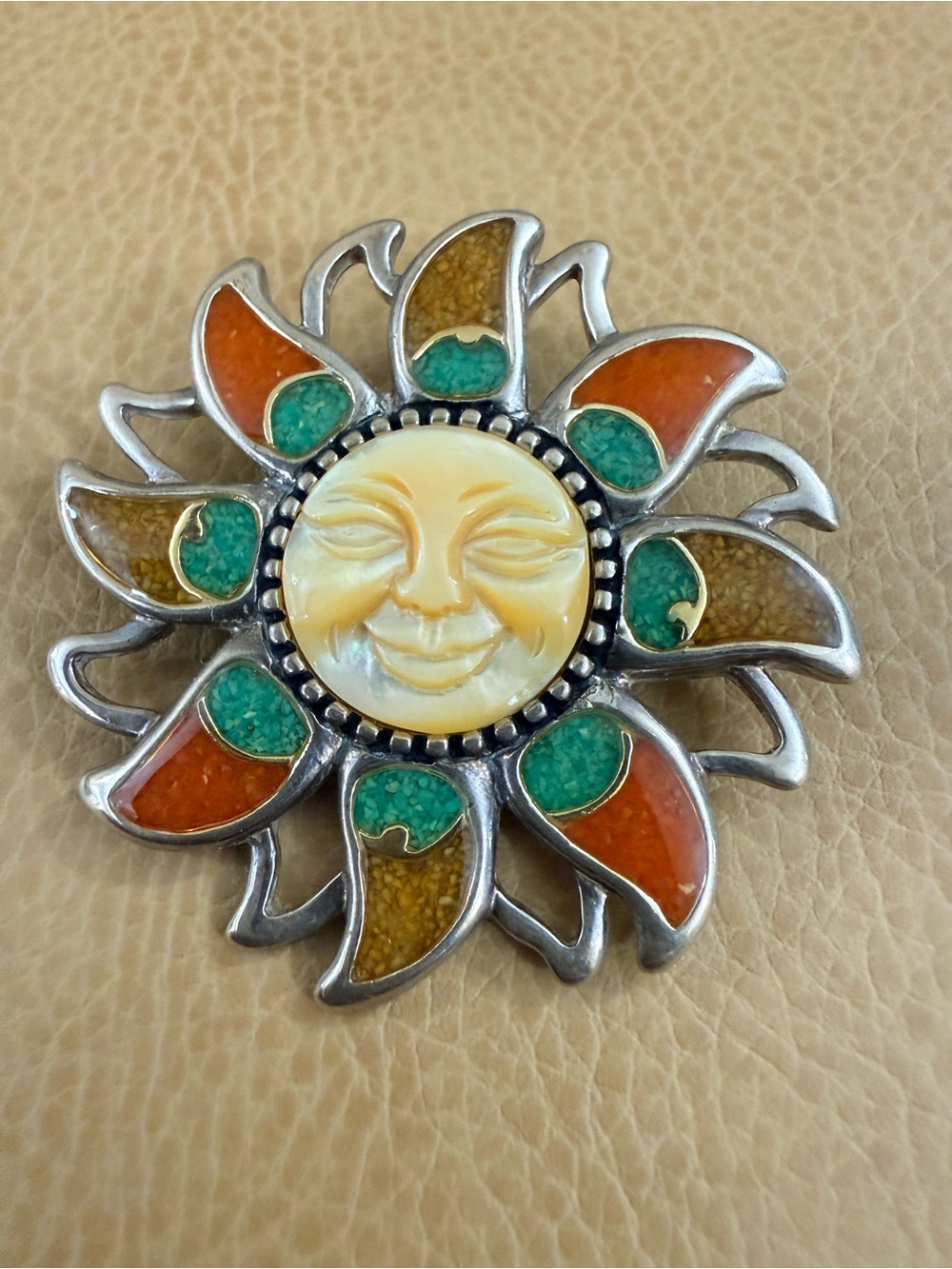 Carolyn pollack Sun vintage brooch pendant. 925 sterling silver, Mother-of-pearl - Picture 4 of 6